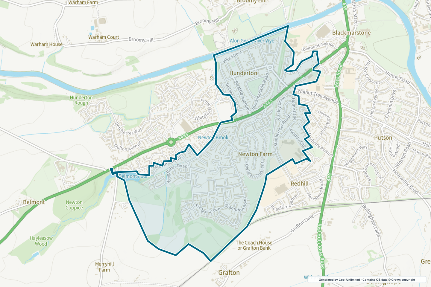 OS OpenData Outdoor map showing the approximate Hereford South West selection geography outlined in blue