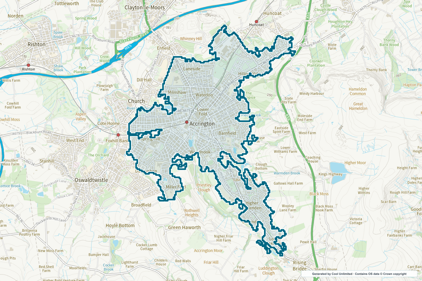 OS OpenData Outdoor map showing the approximate Accrington selection geography outlined in blue