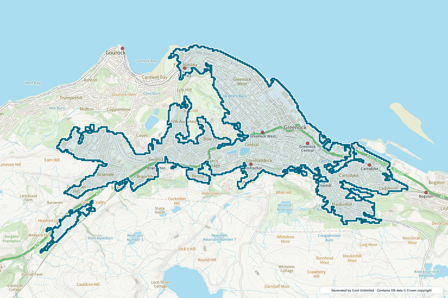 OS OpenData Outdoor map showing the approximate Greenock selection geography outlined in blue