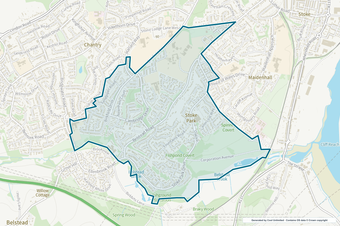 OS OpenData Outdoor map showing the approximate Stoke Park selection geography outlined in blue