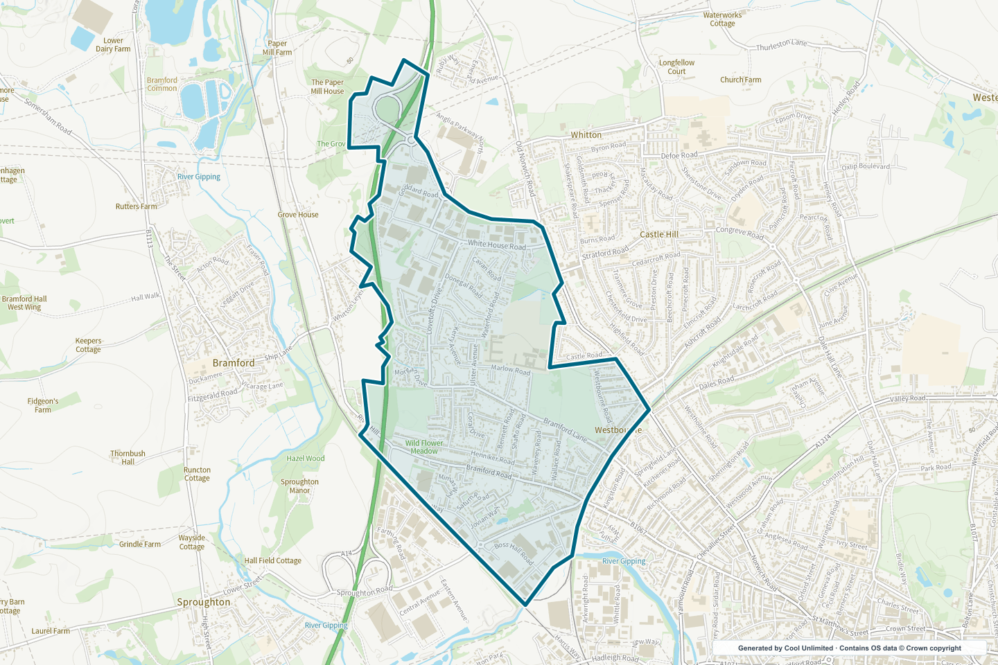 OS OpenData Outdoor map showing the approximate Whitehouse selection geography outlined in blue