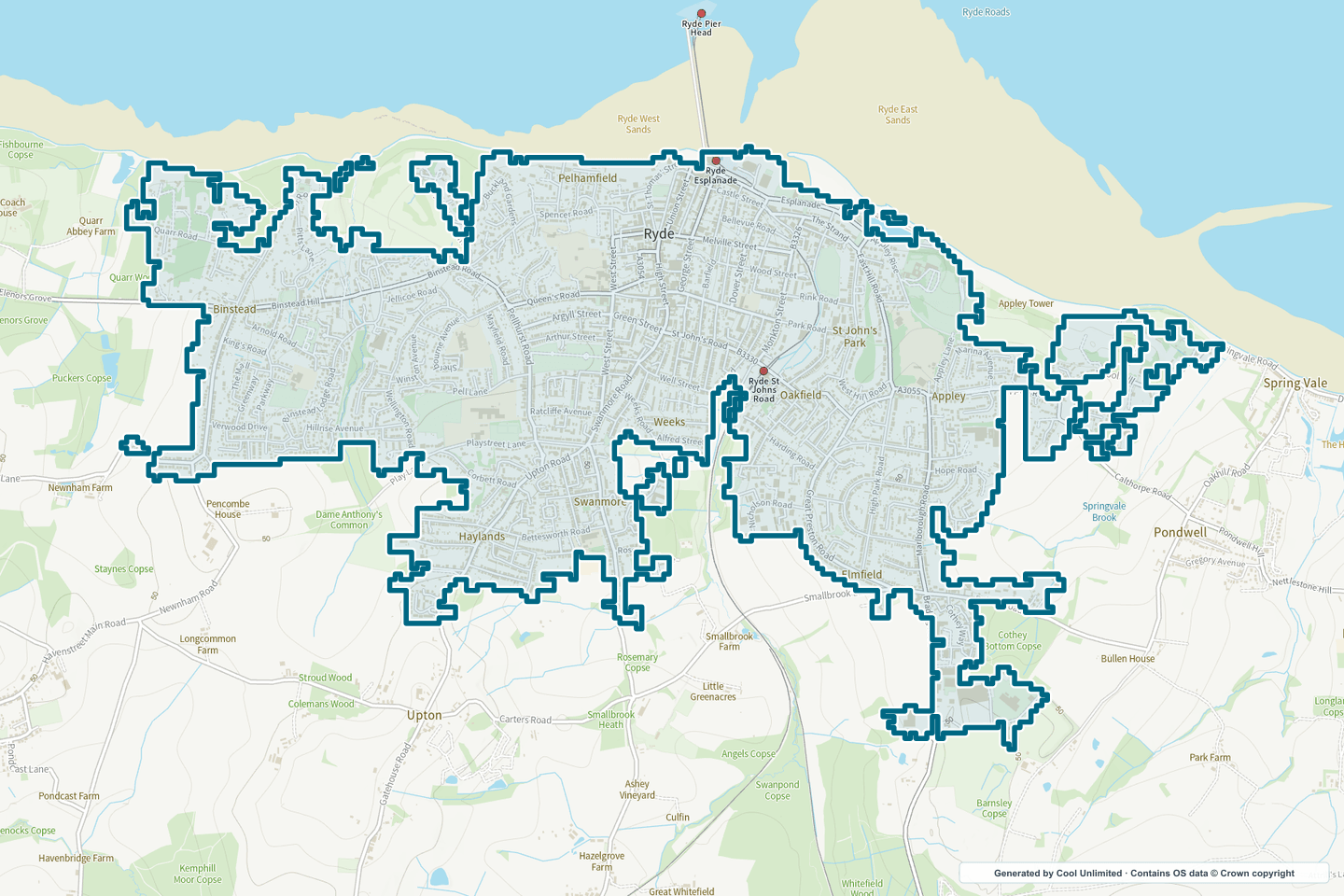 OS OpenData Outdoor map showing the approximate Ryde selection geography outlined in blue