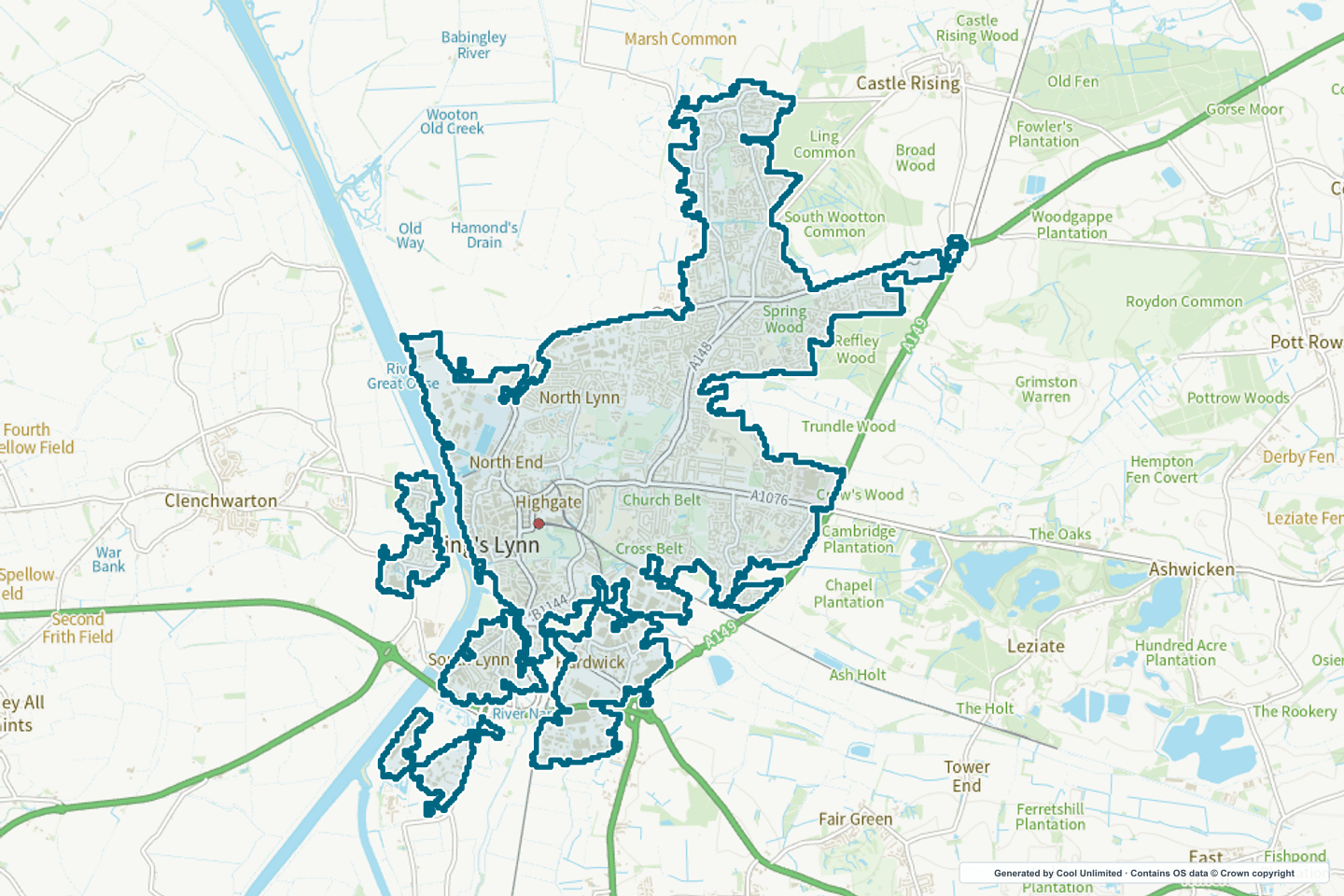 OS OpenData Outdoor map showing the approximate King’s Lynn selection geography outlined in blue