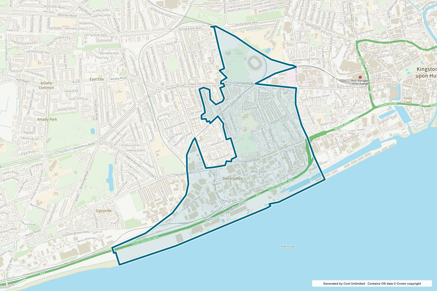 OS OpenData Outdoor map showing the approximate Boulevard & St Andrew’s Quay selection geography outlined in blue