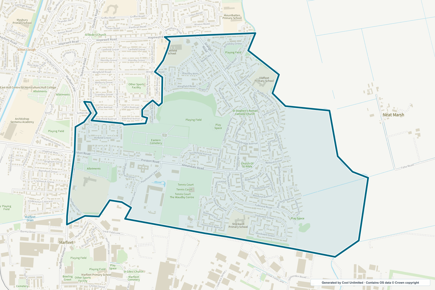 OS OpenData Outdoor map showing the approximate Greatfield selection geography outlined in blue
