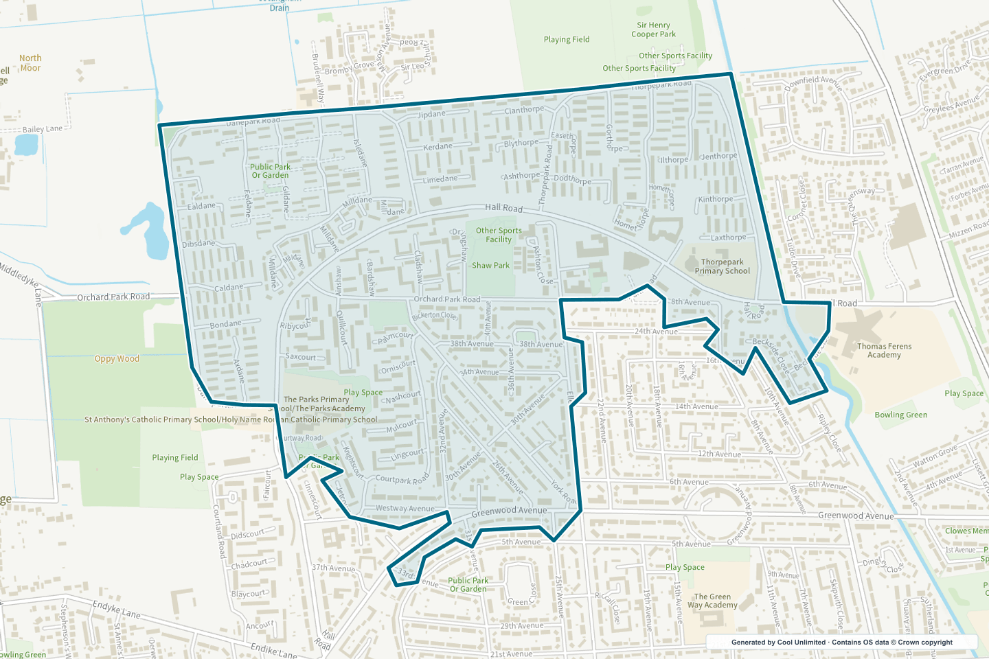 OS OpenData Outdoor map showing the approximate Orchard Park selection geography outlined in blue