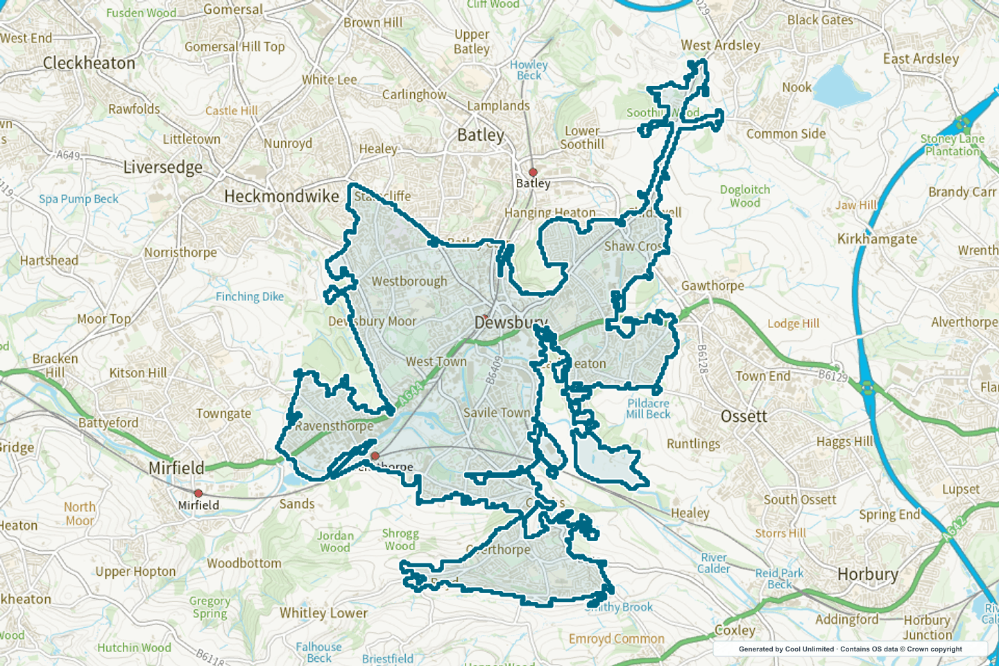 OS OpenData Outdoor map showing the approximate Dewsbury selection geography outlined in blue