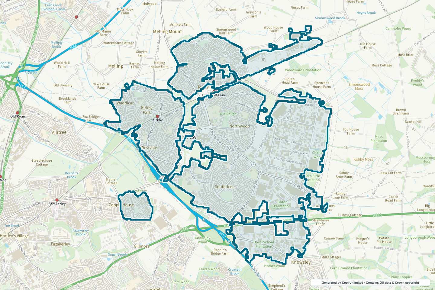 OS OpenData Outdoor map showing the approximate Kirkby selection geography outlined in blue
