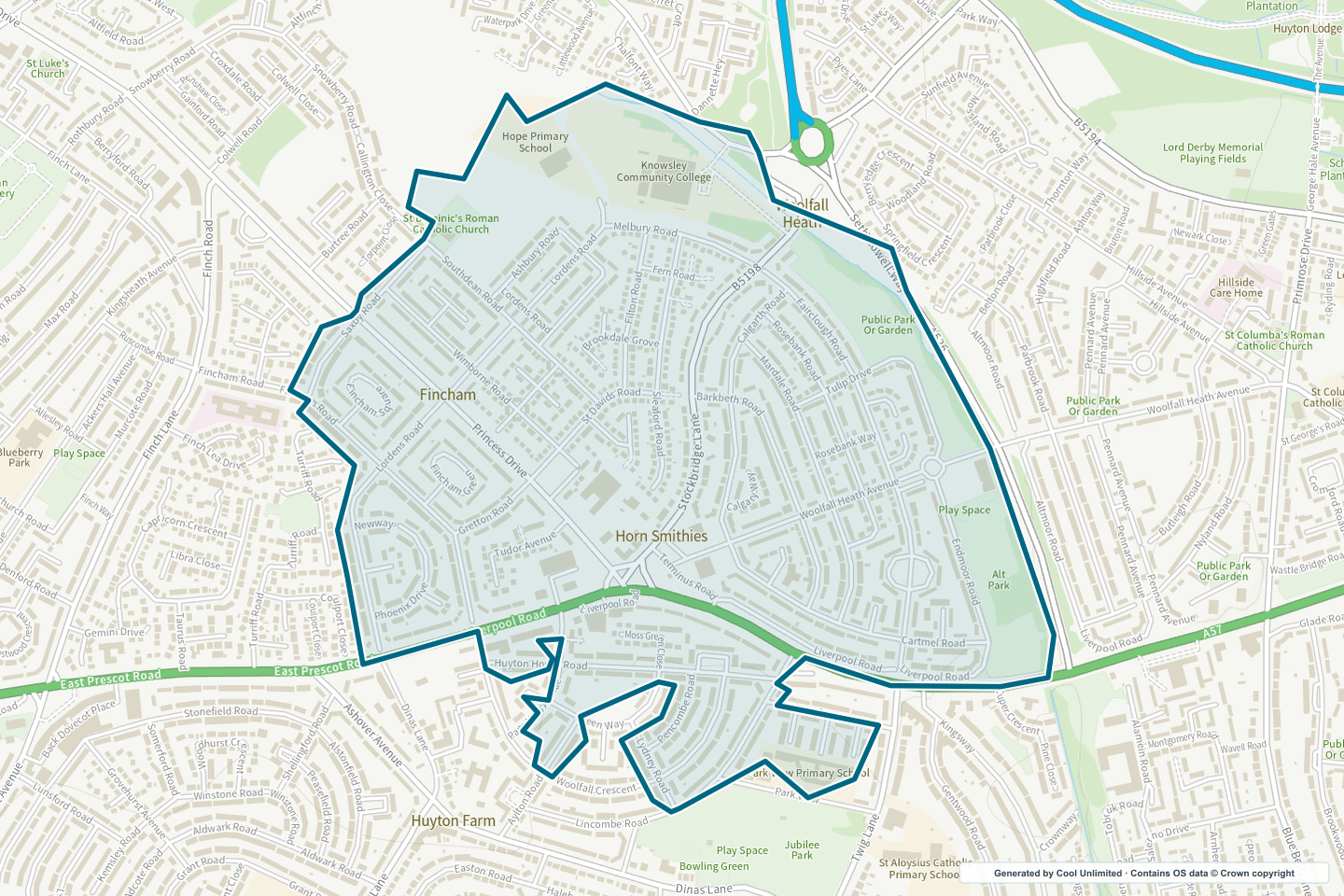OS OpenData Outdoor map showing the approximate Page Moss & Fincham selection geography outlined in blue