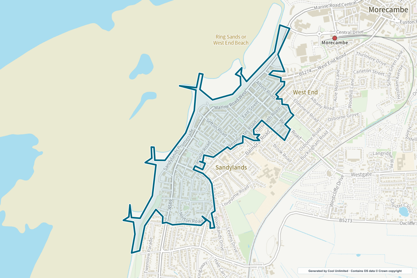 OS OpenData Outdoor map showing the approximate Morecambe West End selection geography outlined in blue