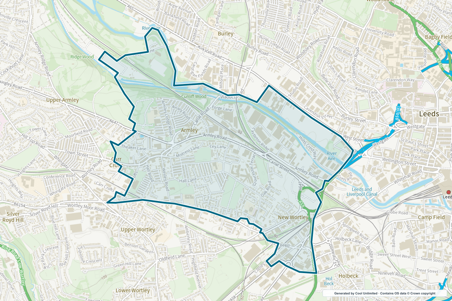 OS OpenData Outdoor map showing the approximate Armley & New Wortley selection geography outlined in blue