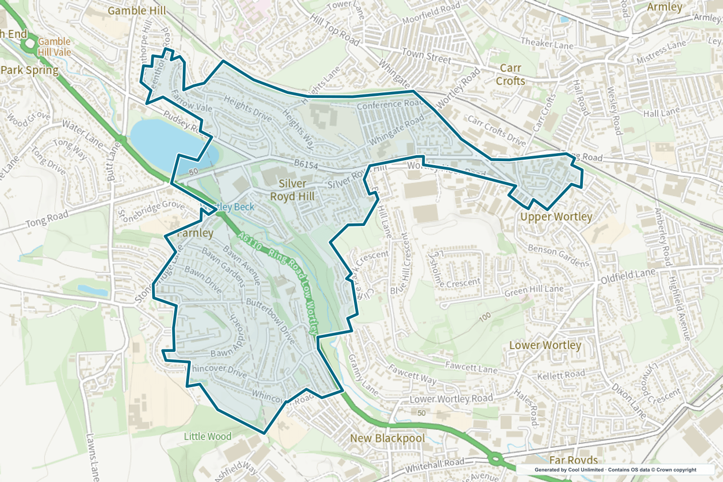 OS OpenData Outdoor map showing the approximate Farnley East selection geography outlined in blue