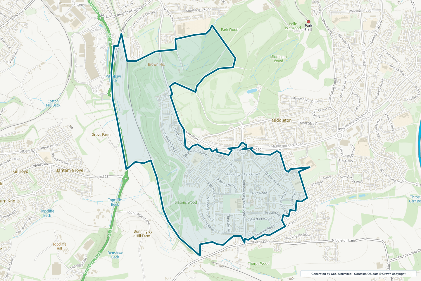 OS OpenData Outdoor map showing the approximate Middleton Park Avenue selection geography outlined in blue