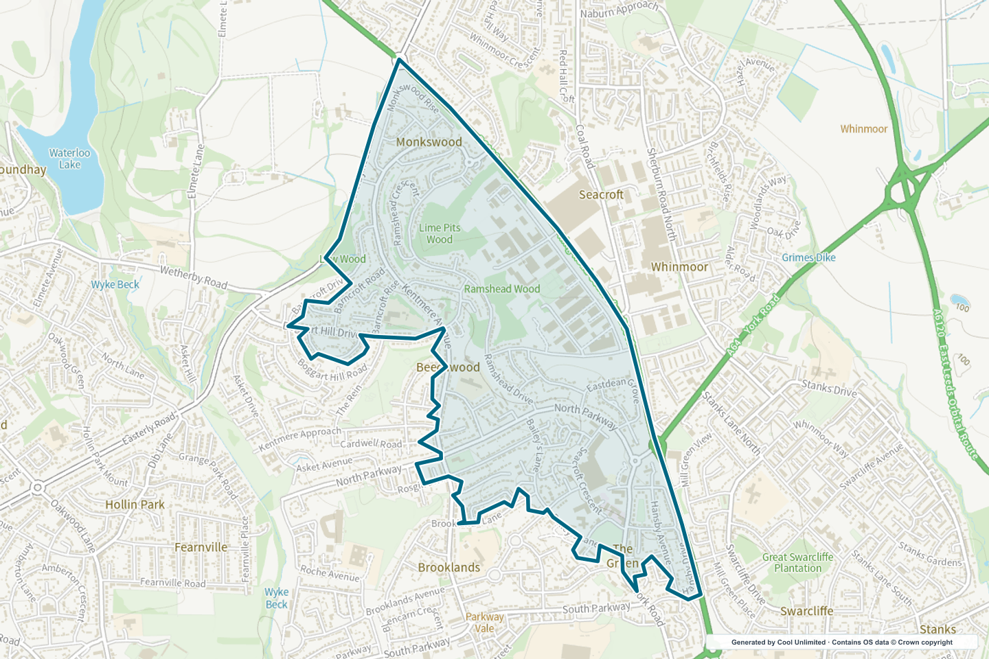 OS OpenData Outdoor map showing the approximate Seacroft North & Monkswood selection geography outlined in blue