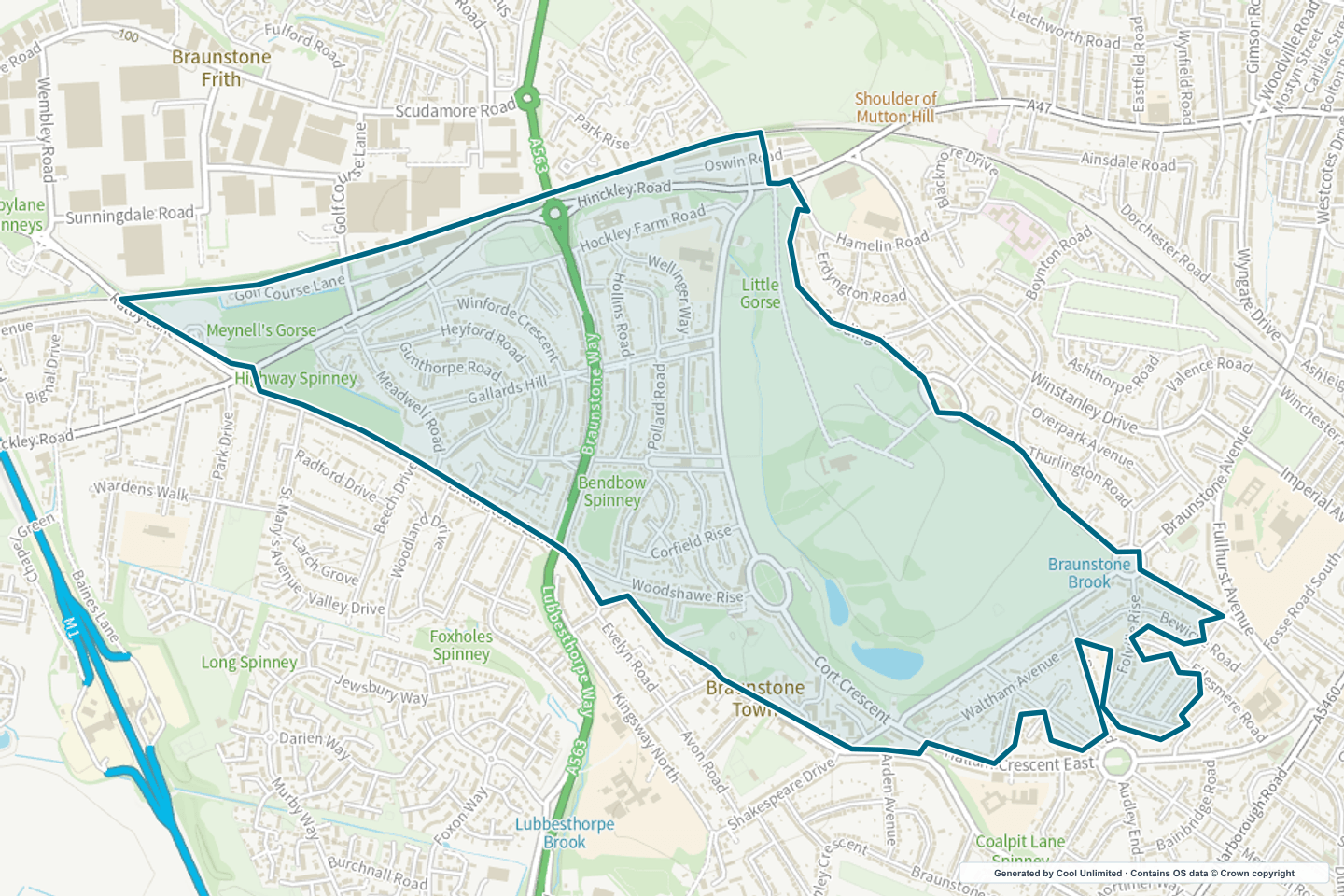 OS OpenData Outdoor map showing the approximate Braunstone Park West selection geography outlined in blue
