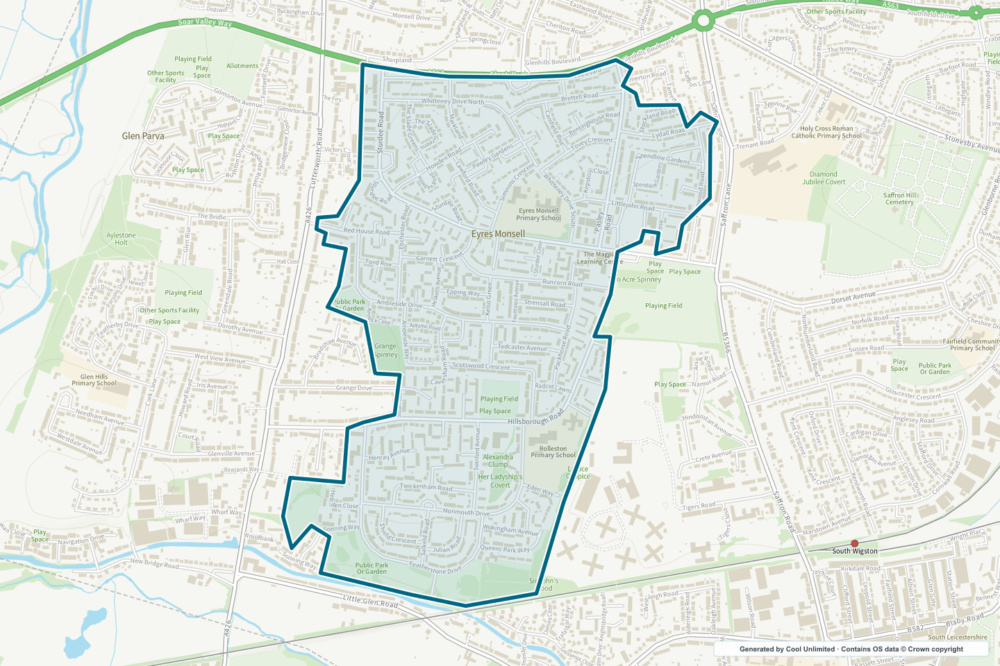 OS OpenData Outdoor map showing the approximate Eyres Monsell selection geography outlined in blue