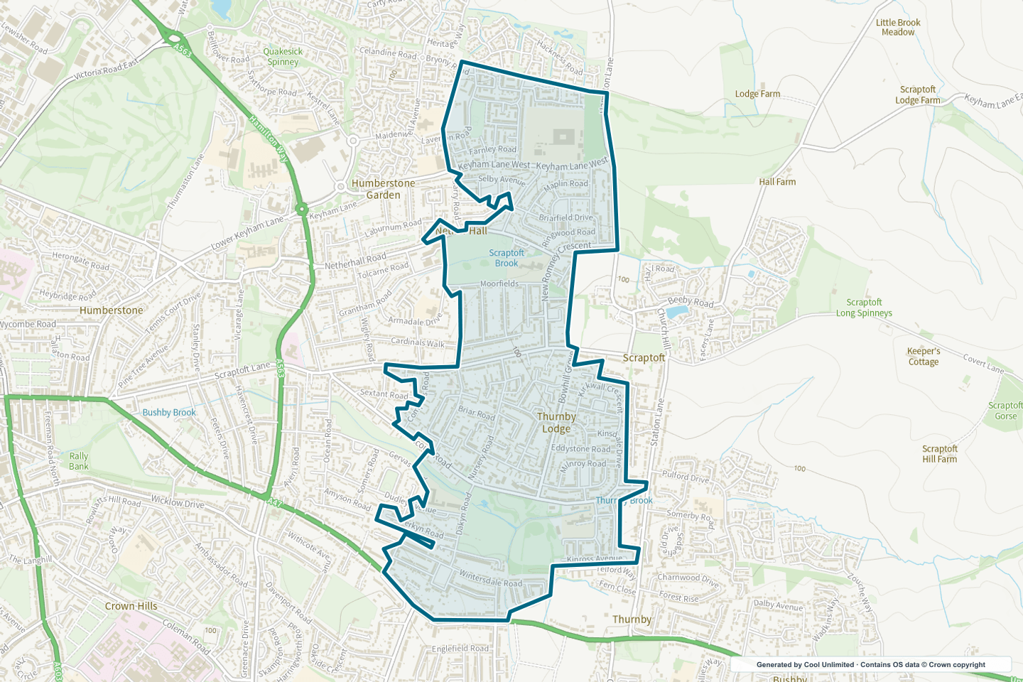 OS OpenData Outdoor map showing the approximate Thurnby Lodge selection geography outlined in blue