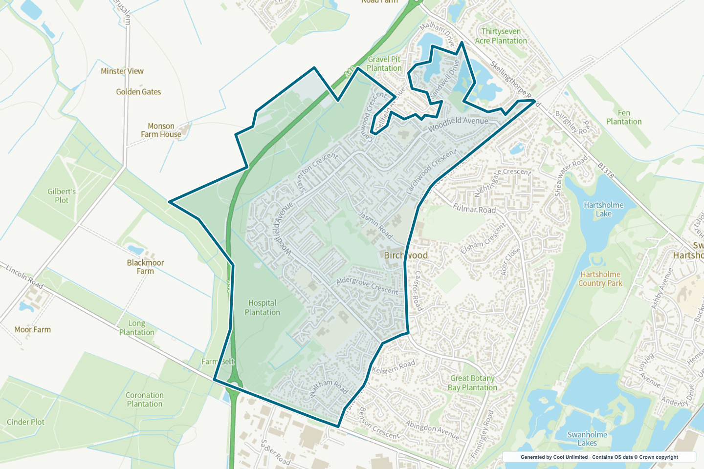 OS OpenData Outdoor map showing the approximate Birchwood West selection geography outlined in blue