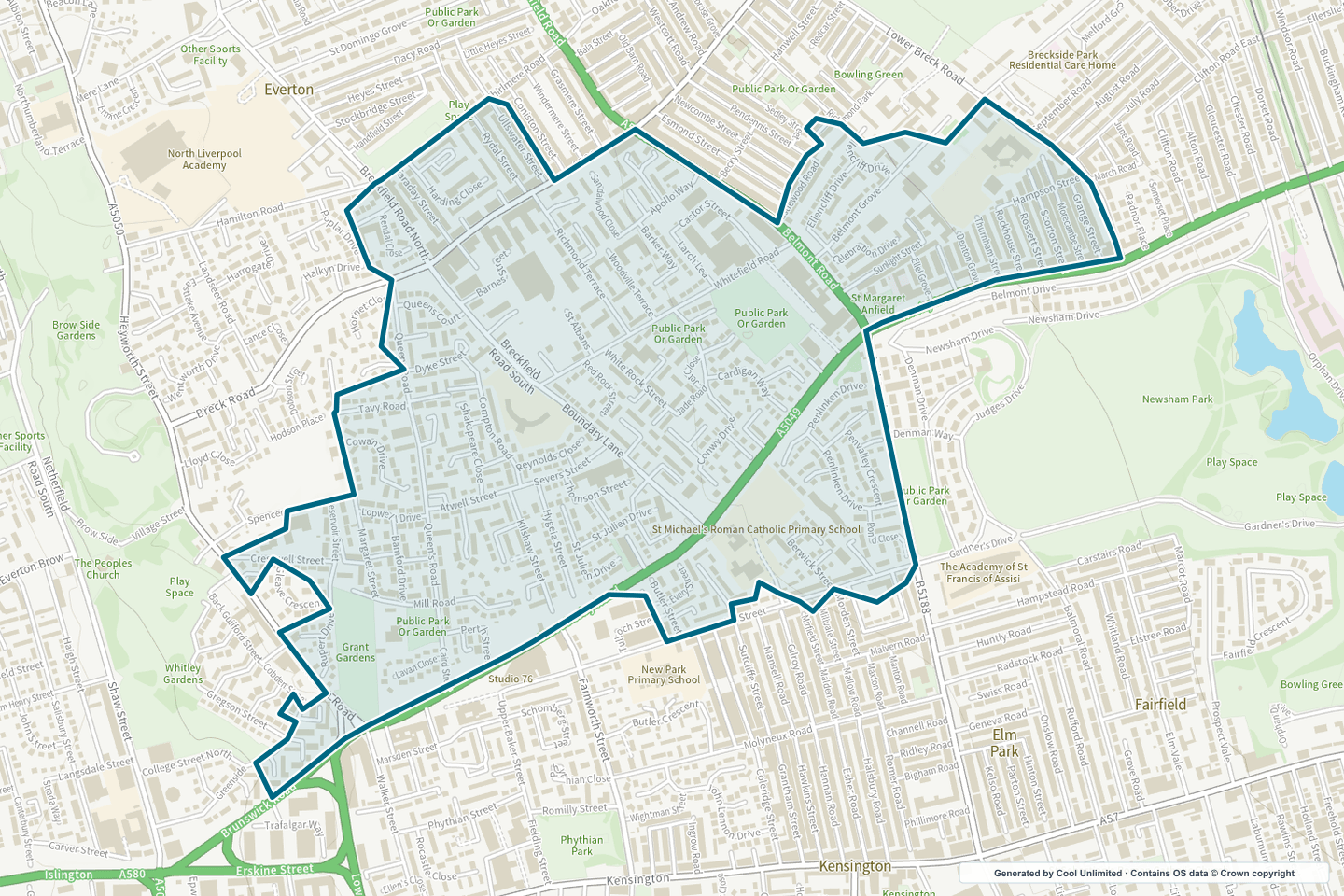 OS OpenData Outdoor map showing the approximate Everton East selection geography outlined in blue