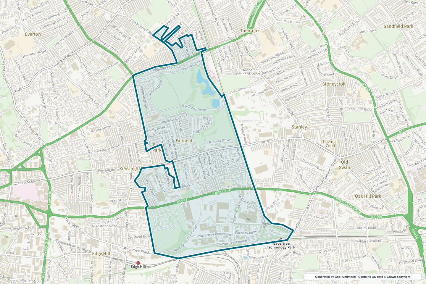 OS OpenData Outdoor map showing the approximate Fairfield West & Newsham Park selection geography outlined in blue