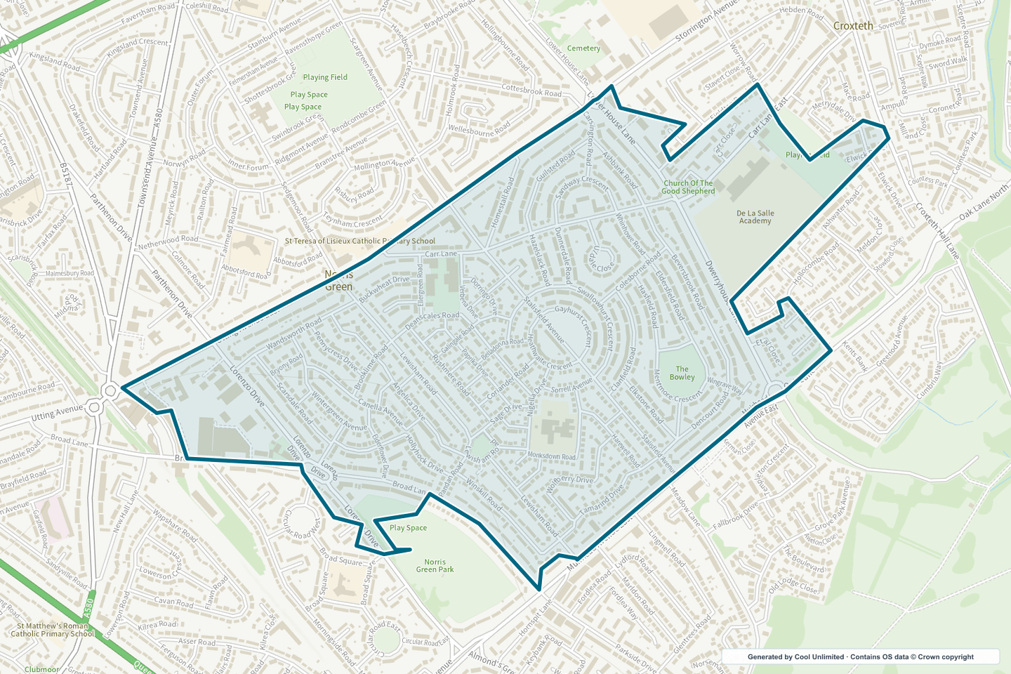 OS OpenData Outdoor map showing the approximate Norris Green East selection geography outlined in blue