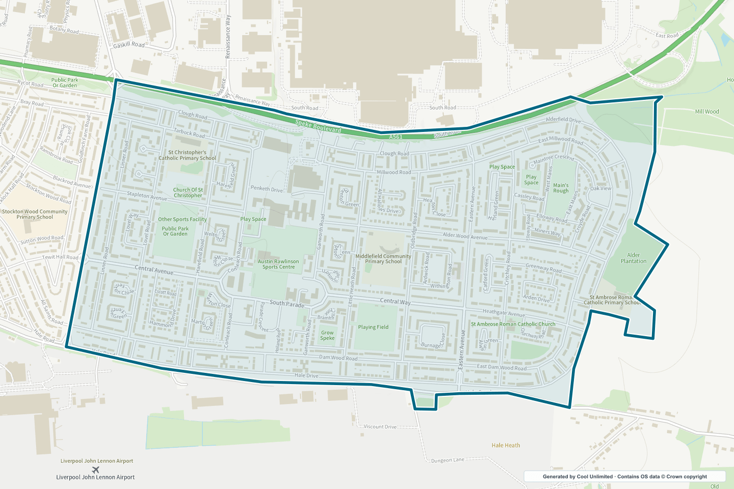 OS OpenData Outdoor map showing the approximate Speke East selection geography outlined in blue