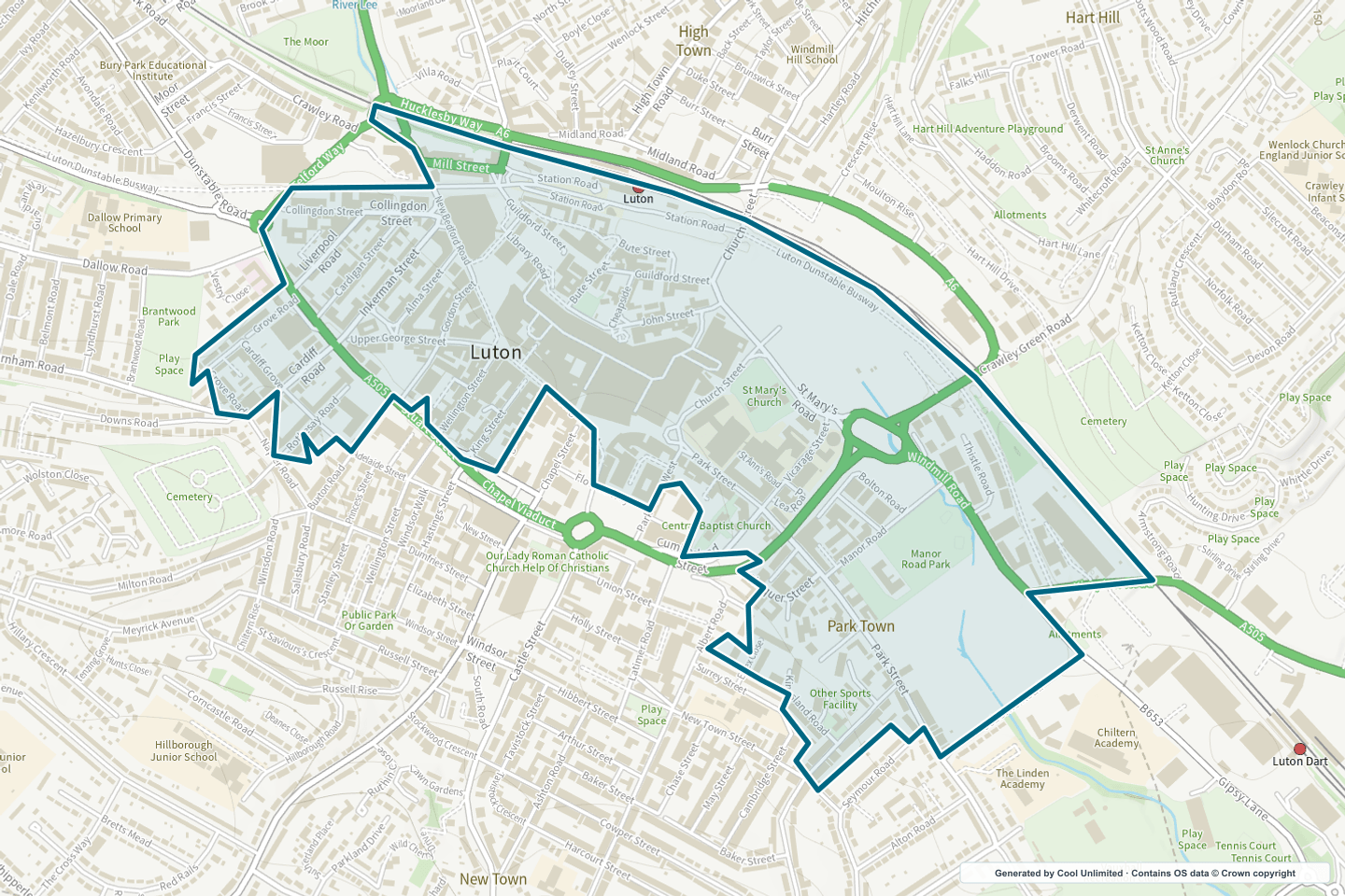 OS OpenData Outdoor map showing the approximate Central Luton selection geography outlined in blue