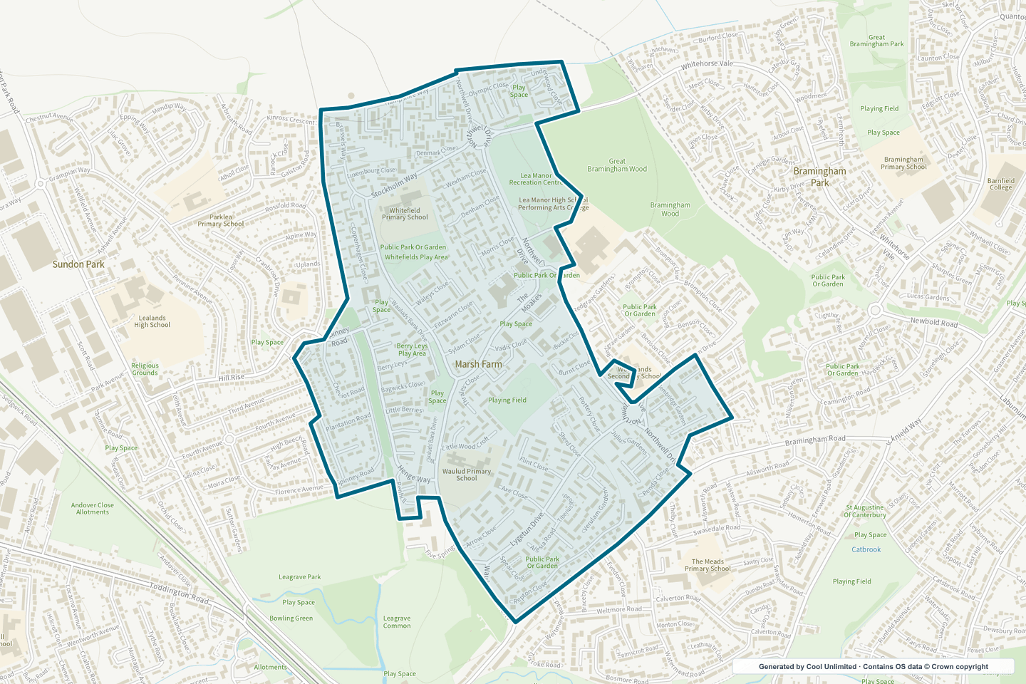 OS OpenData Outdoor map showing the approximate Marsh Farm selection geography outlined in blue