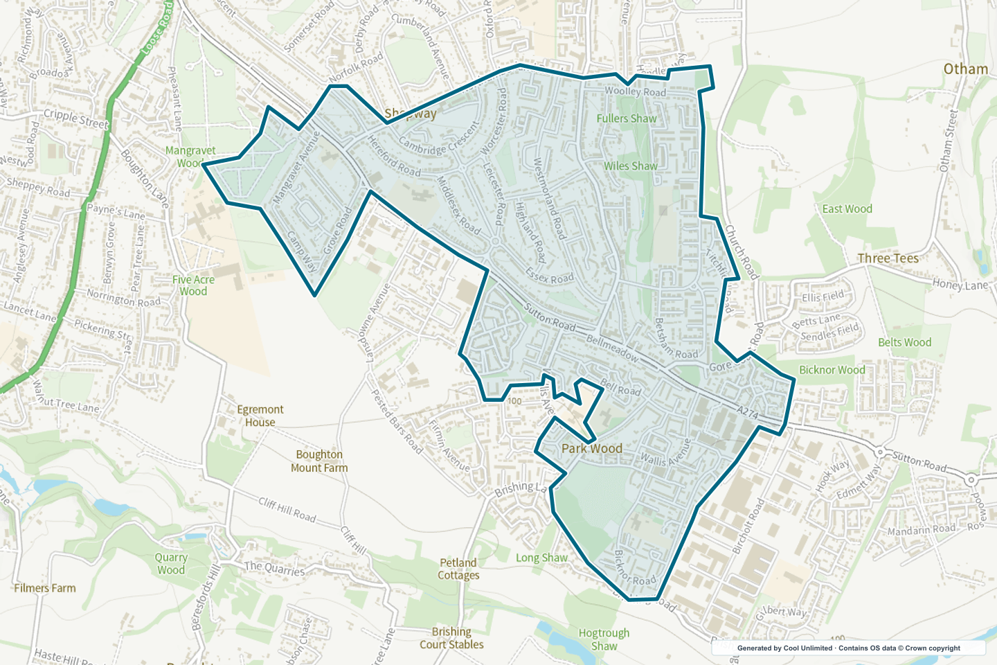 OS OpenData Outdoor map showing the approximate Parkwood & Senacre selection geography outlined in blue