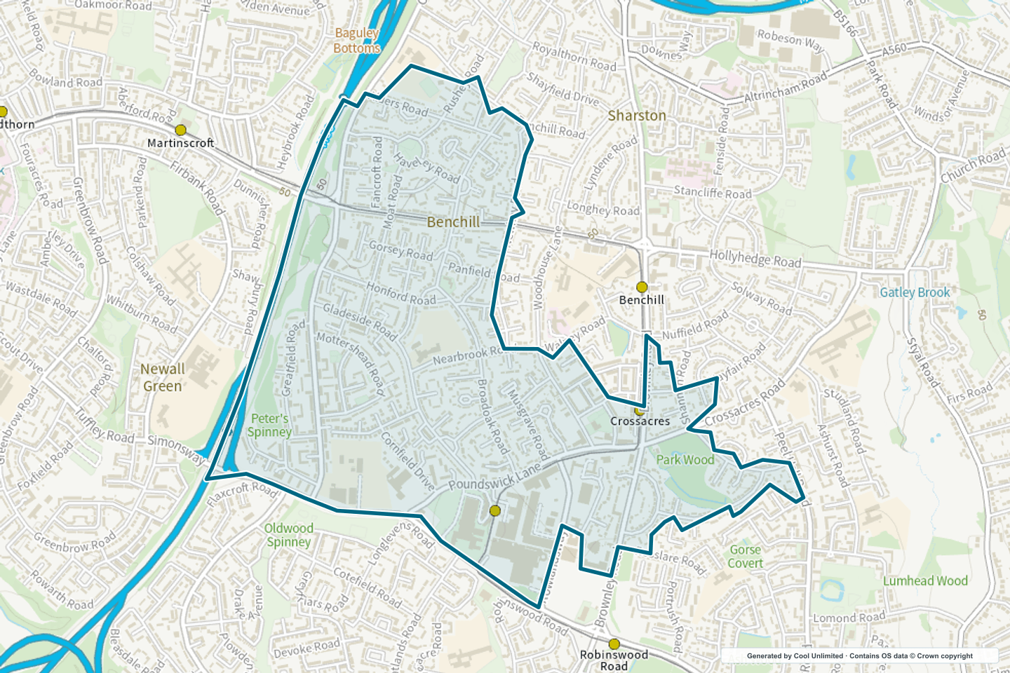 OS OpenData Outdoor map showing the approximate Benchill South & Wythenshawe Central selection geography outlined in blue