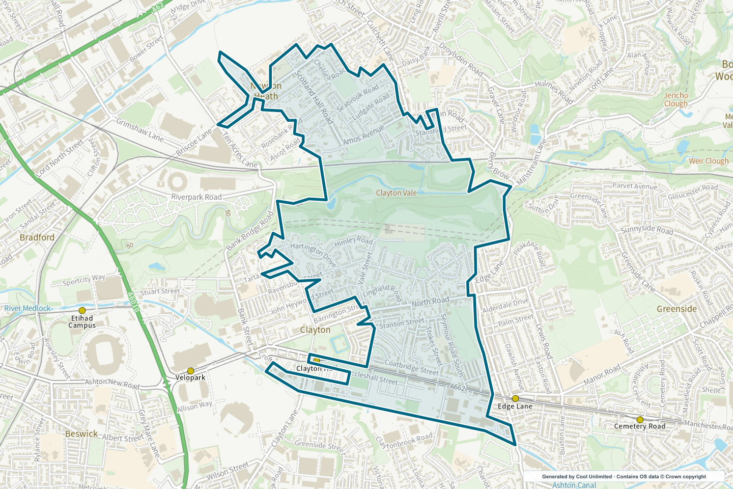 OS OpenData Outdoor map showing the approximate Clayton Vale selection geography outlined in blue