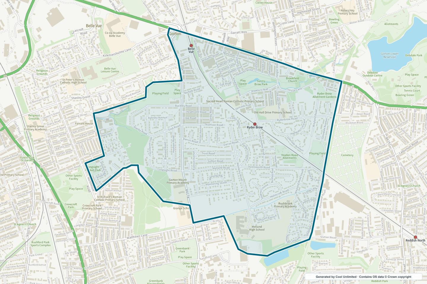 OS OpenData Outdoor map showing the approximate Gorton South selection geography outlined in blue