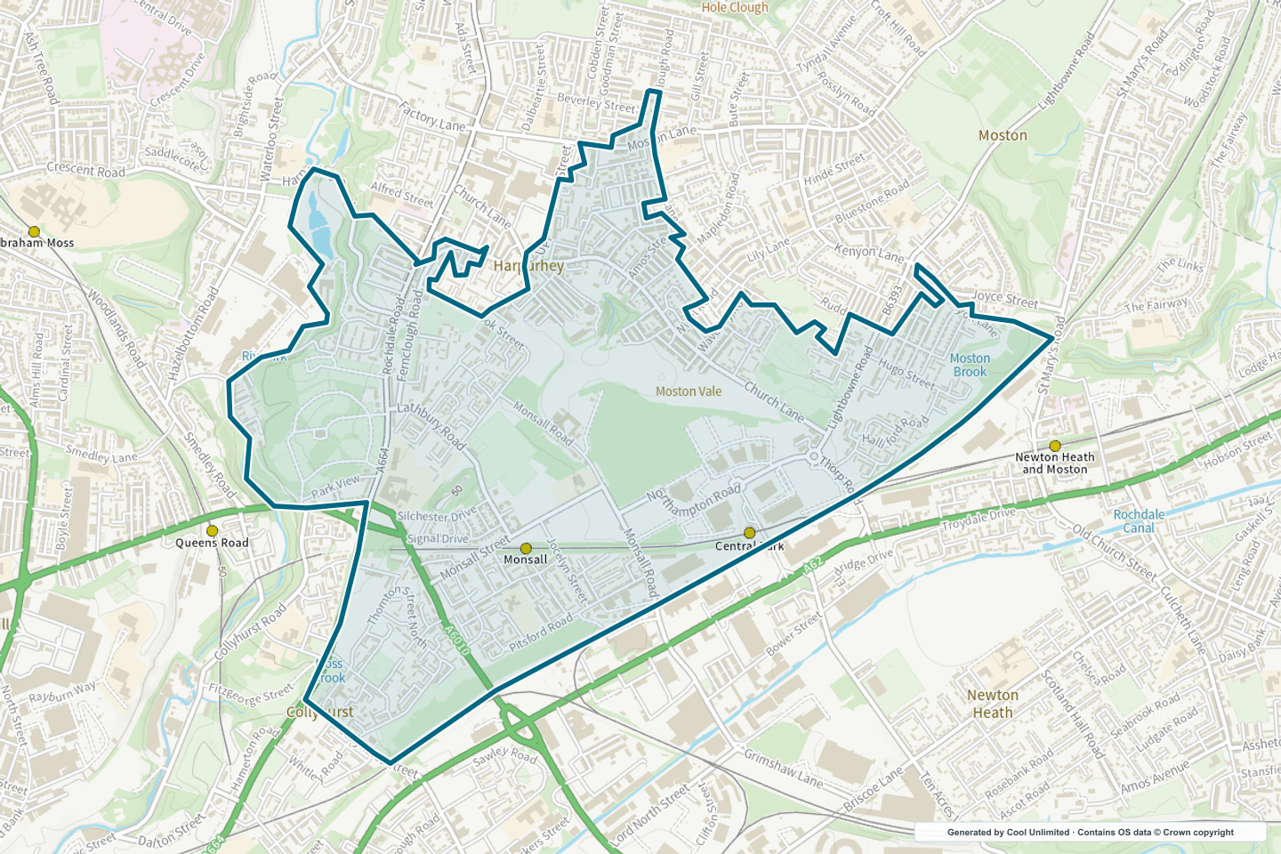 OS OpenData Outdoor map showing the approximate Hapurhey South & Monsall selection geography outlined in blue