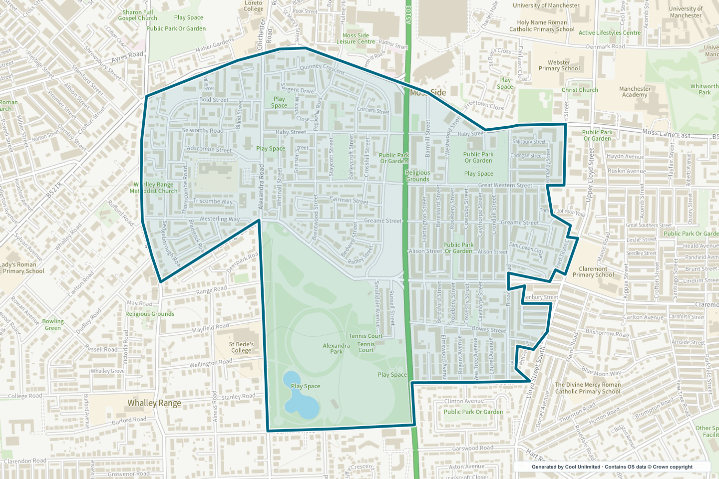 OS OpenData Outdoor map showing the approximate Moss Side West selection geography outlined in blue
