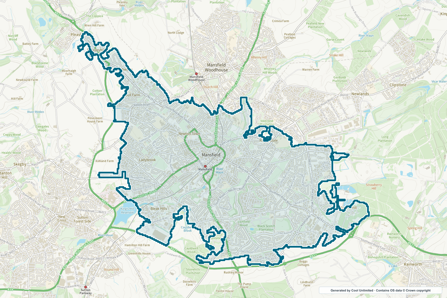OS OpenData Outdoor map showing the approximate Mansfield selection geography outlined in blue