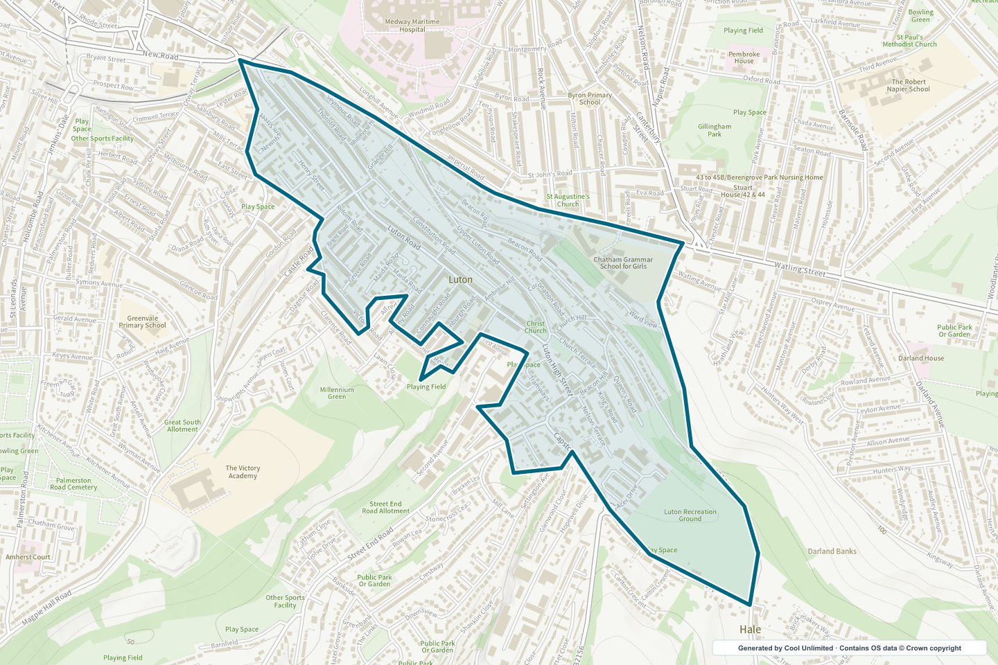 OS OpenData Outdoor map showing the approximate Luton selection geography outlined in blue