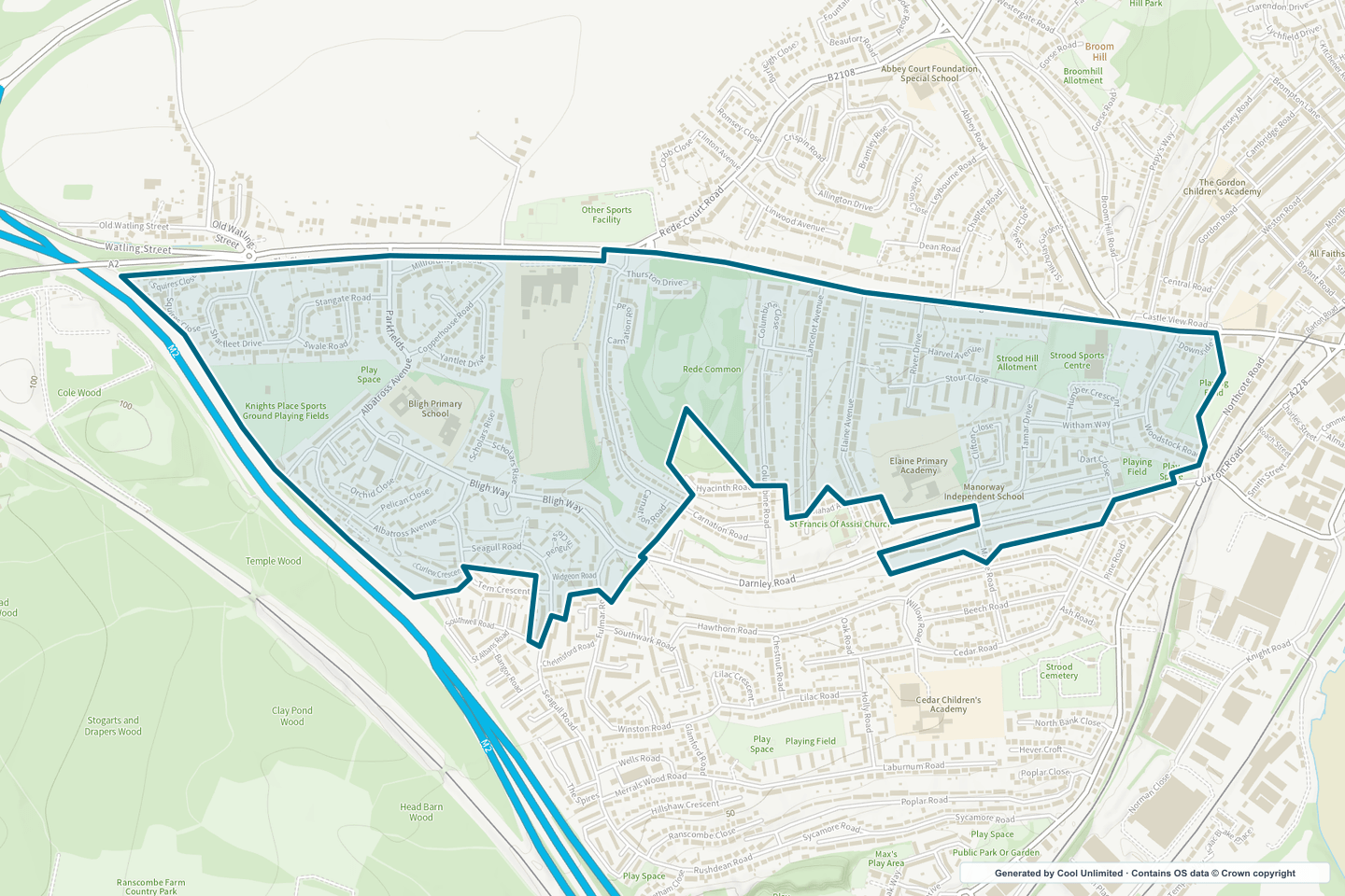 OS OpenData Outdoor map showing the approximate Rede Common selection geography outlined in blue
