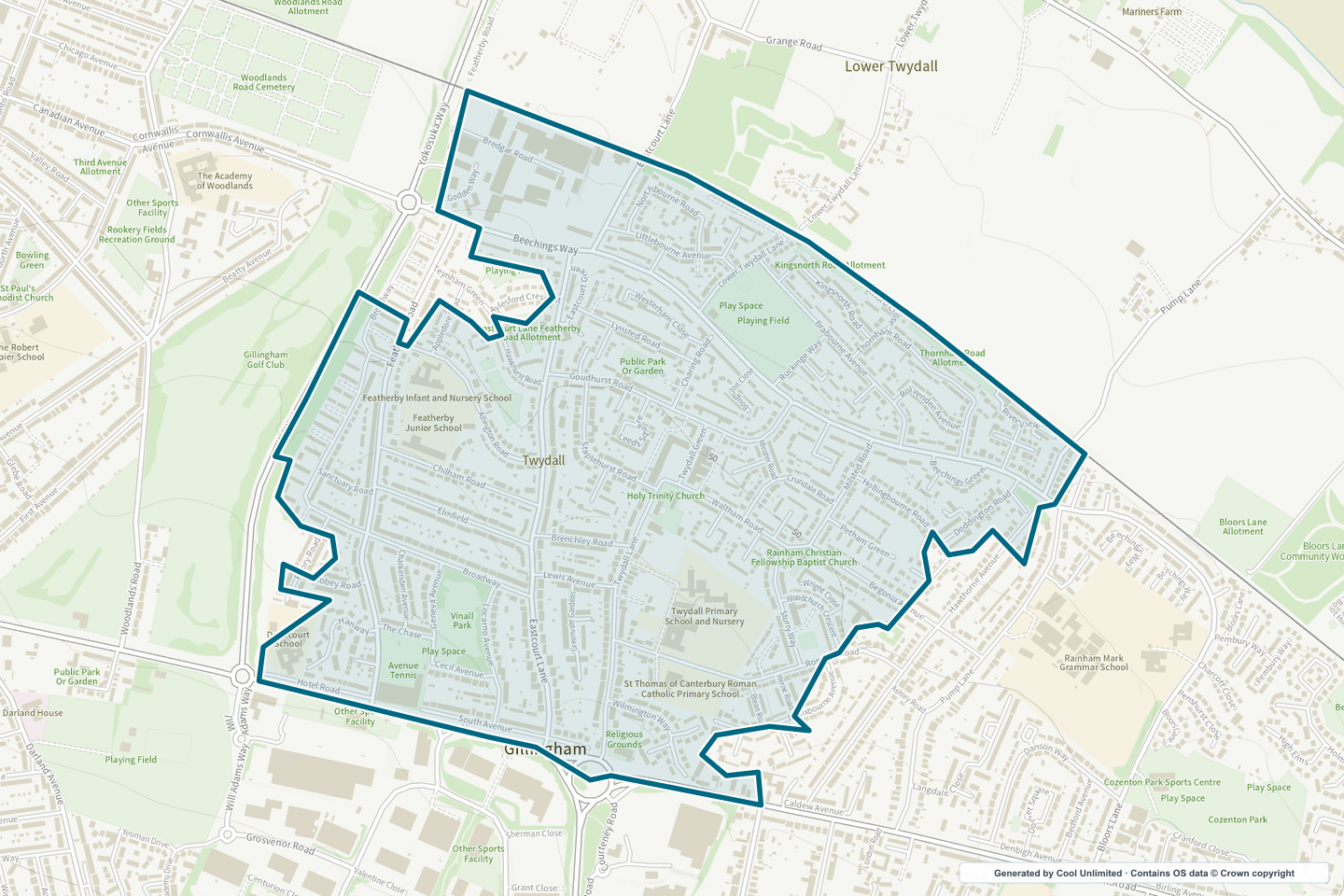 OS OpenData Outdoor map showing the approximate Twydall selection geography outlined in blue