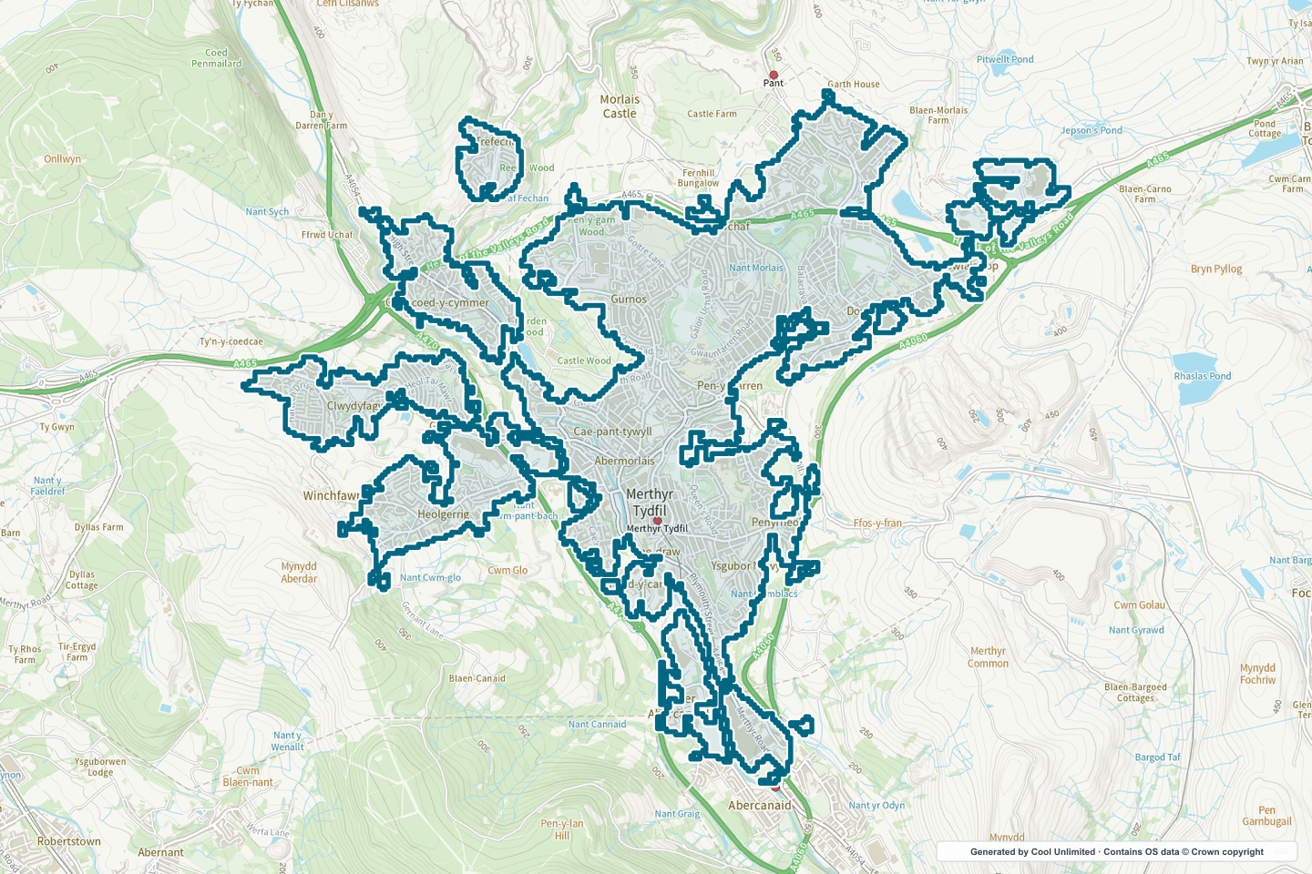 OS OpenData Outdoor map showing the approximate Merthyr Tydfil selection geography outlined in blue