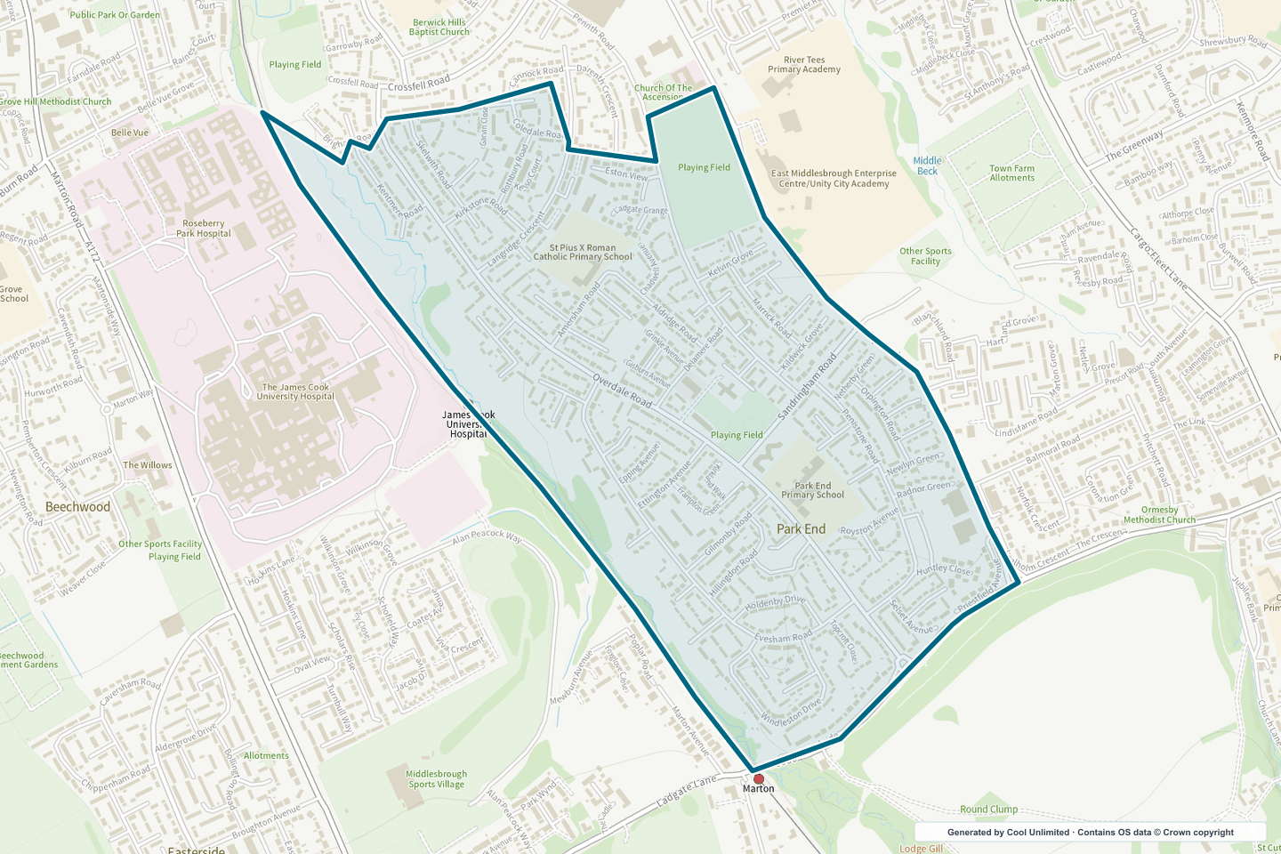 OS OpenData Outdoor map showing the approximate Park End selection geography outlined in blue