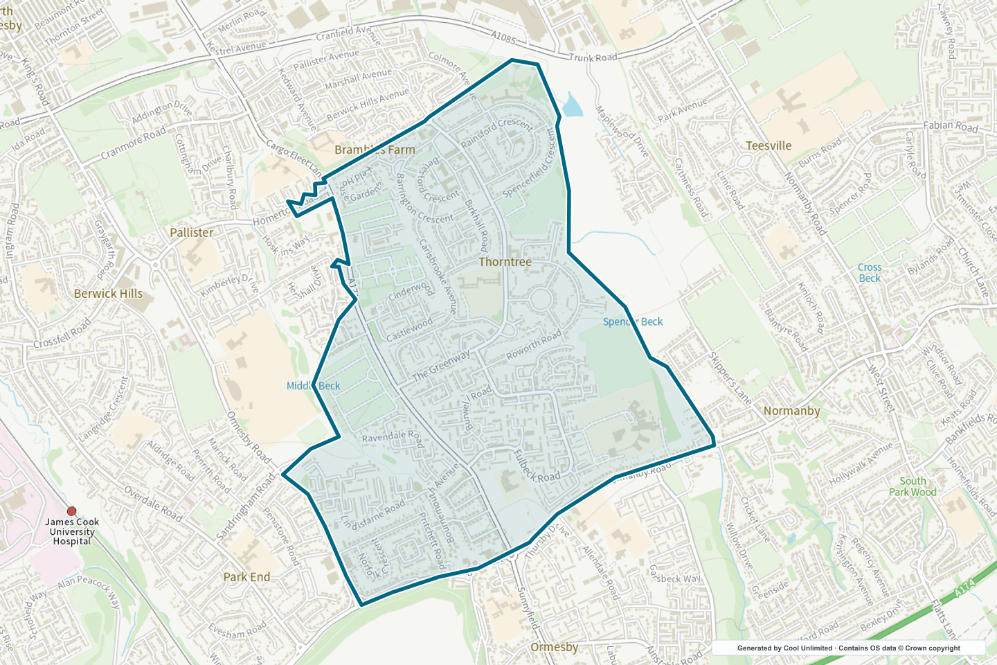 OS OpenData Outdoor map showing the approximate Thorntree selection geography outlined in blue