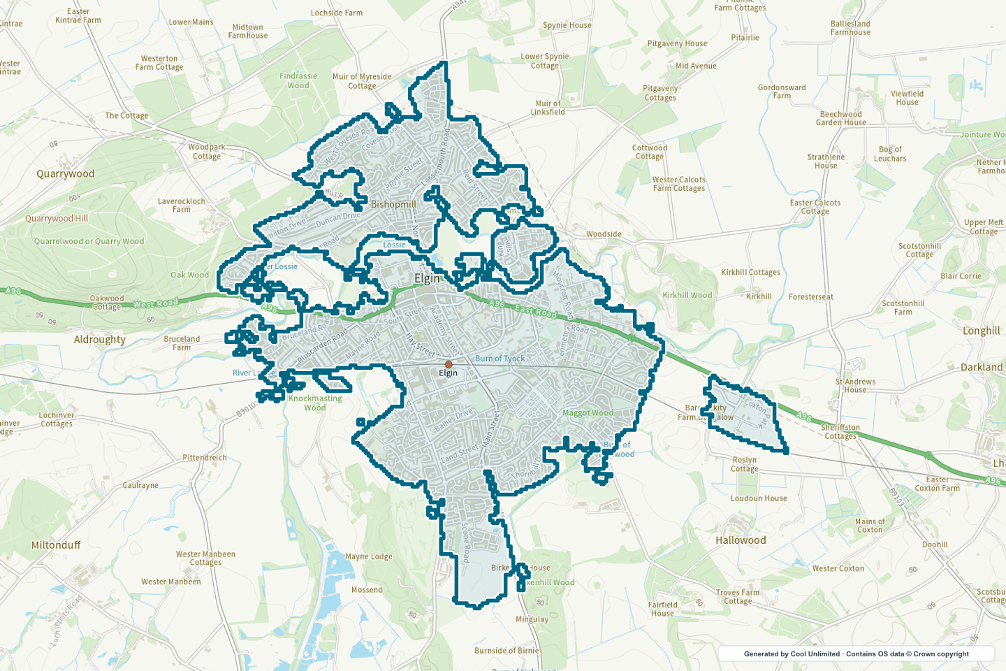 OS OpenData Outdoor map showing the approximate Elgin selection geography outlined in blue