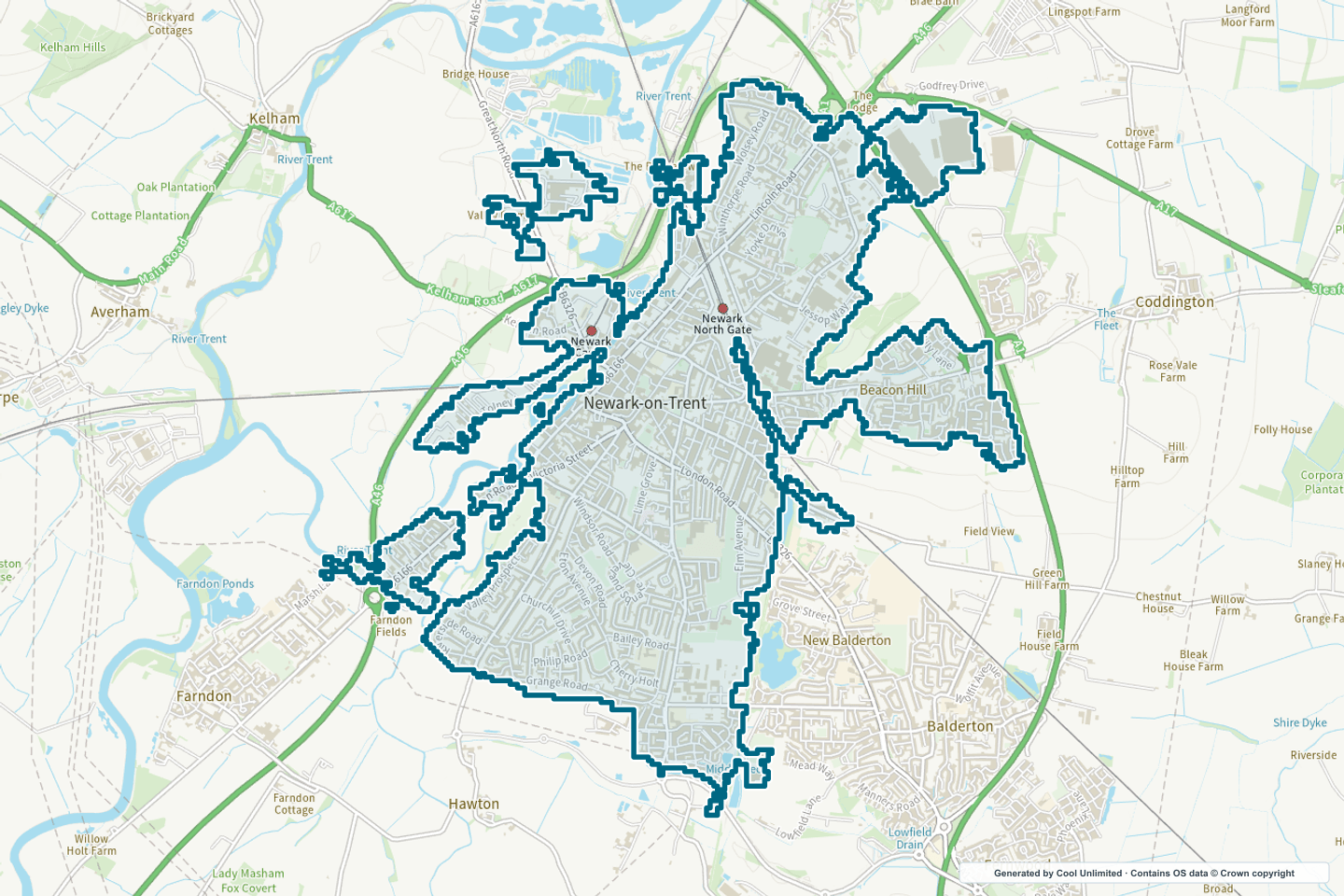 OS OpenData Outdoor map showing the approximate Newark-on-Trent selection geography outlined in blue