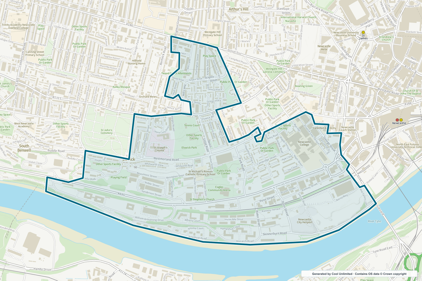 OS OpenData Outdoor map showing the approximate Elswick South selection geography outlined in blue