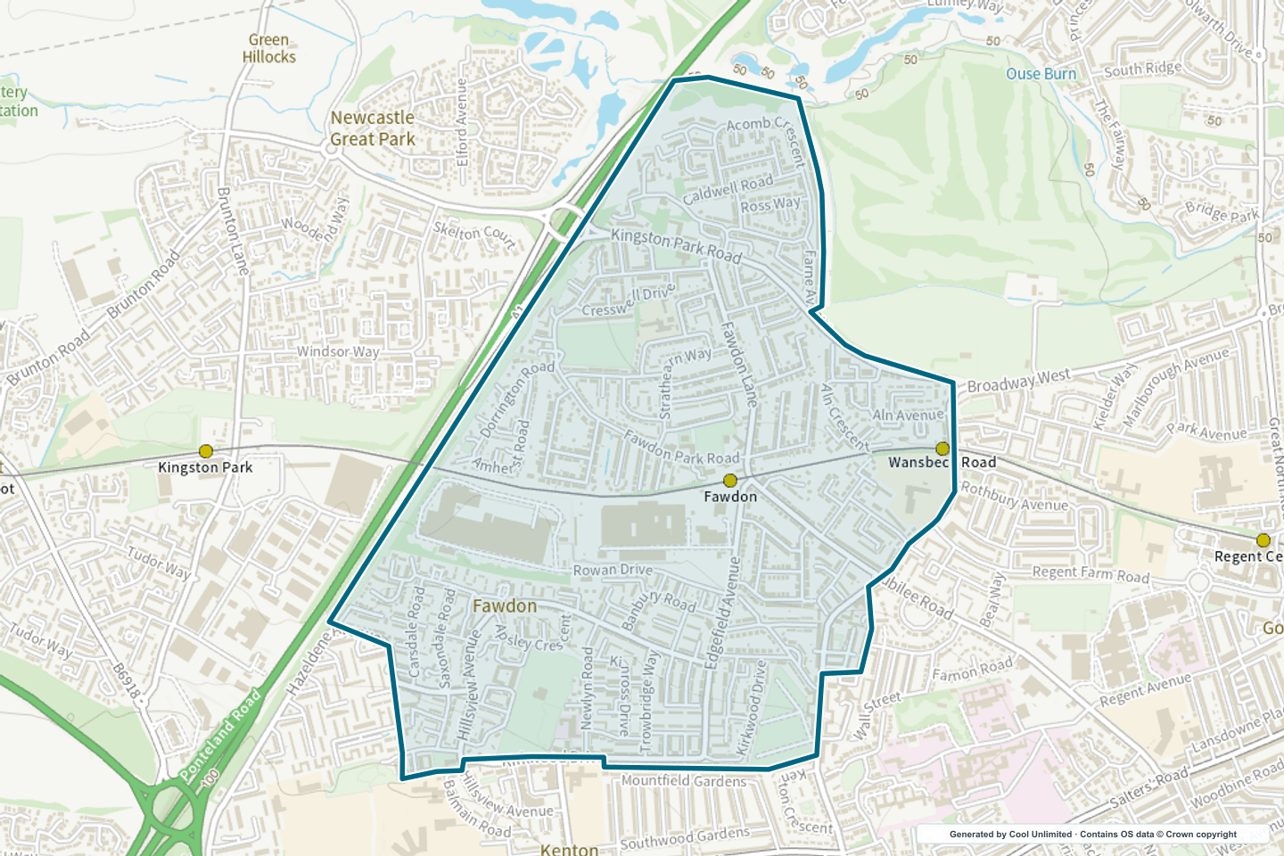 OS OpenData Outdoor map showing the approximate Fawdon South selection geography outlined in blue
