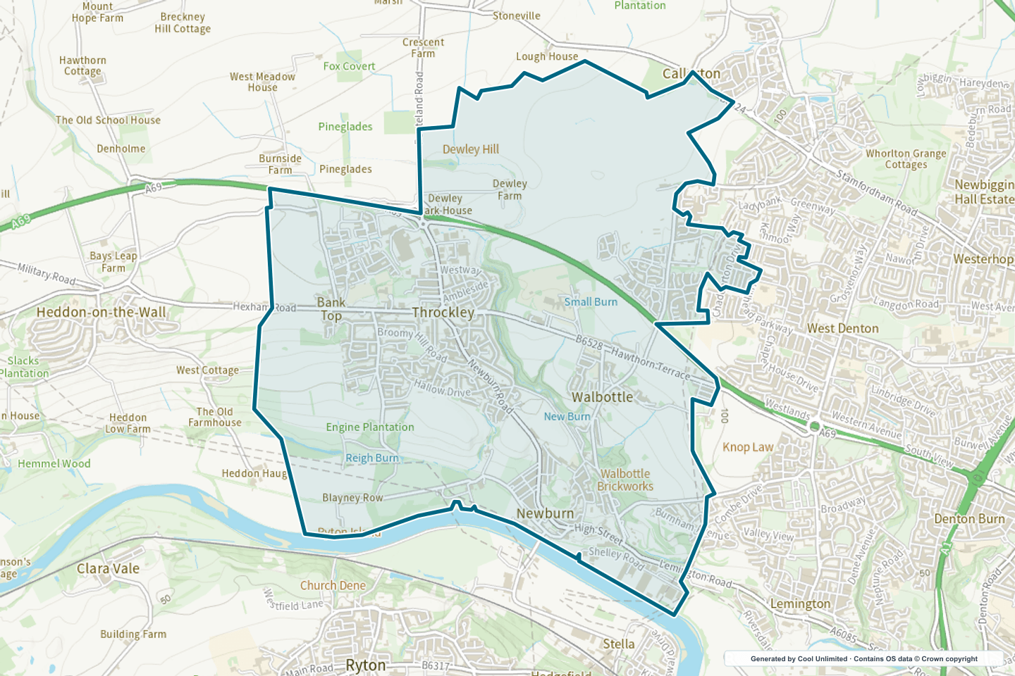 OS OpenData Outdoor map showing the approximate Throckley & Newburn selection geography outlined in blue