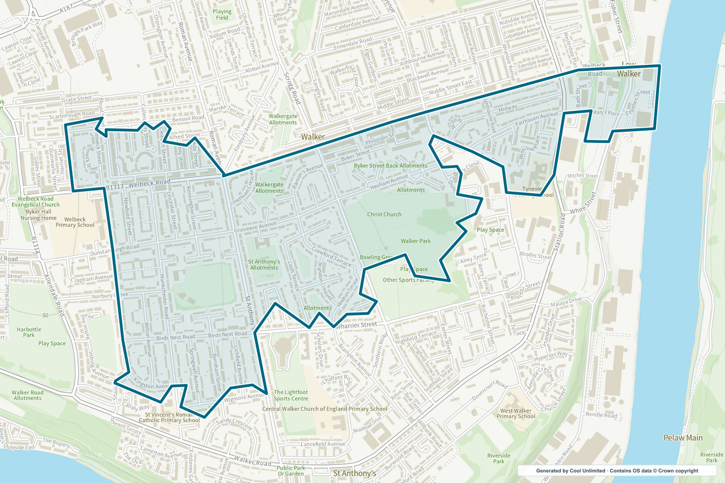 OS OpenData Outdoor map showing the approximate Walker North selection geography outlined in blue