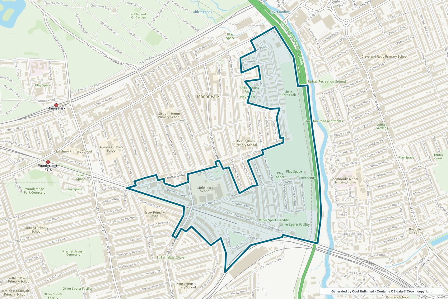 OS OpenData Outdoor map showing the approximate Little Ilford East selection geography outlined in blue