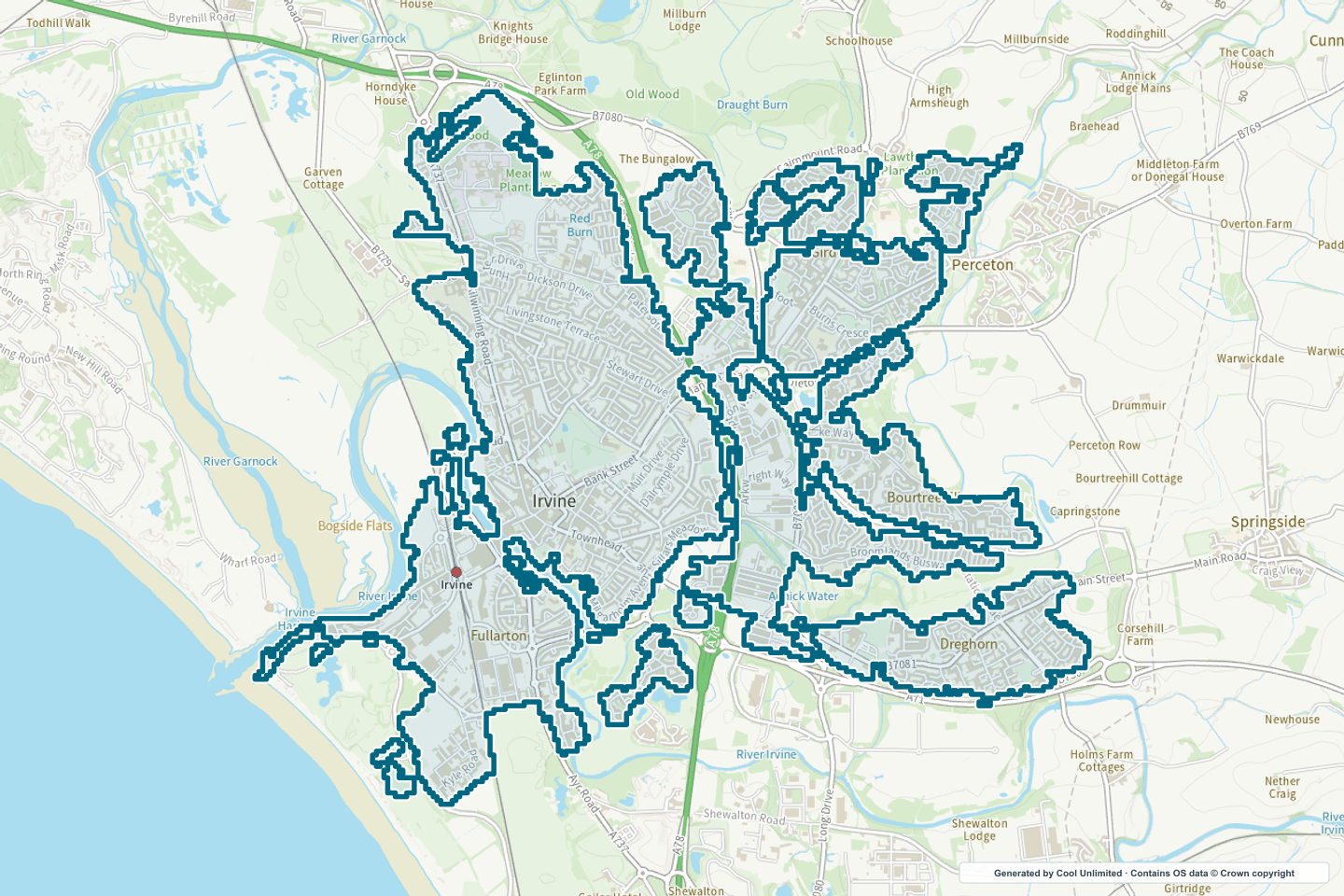 OS OpenData Outdoor map showing the approximate Irvine selection geography outlined in blue
