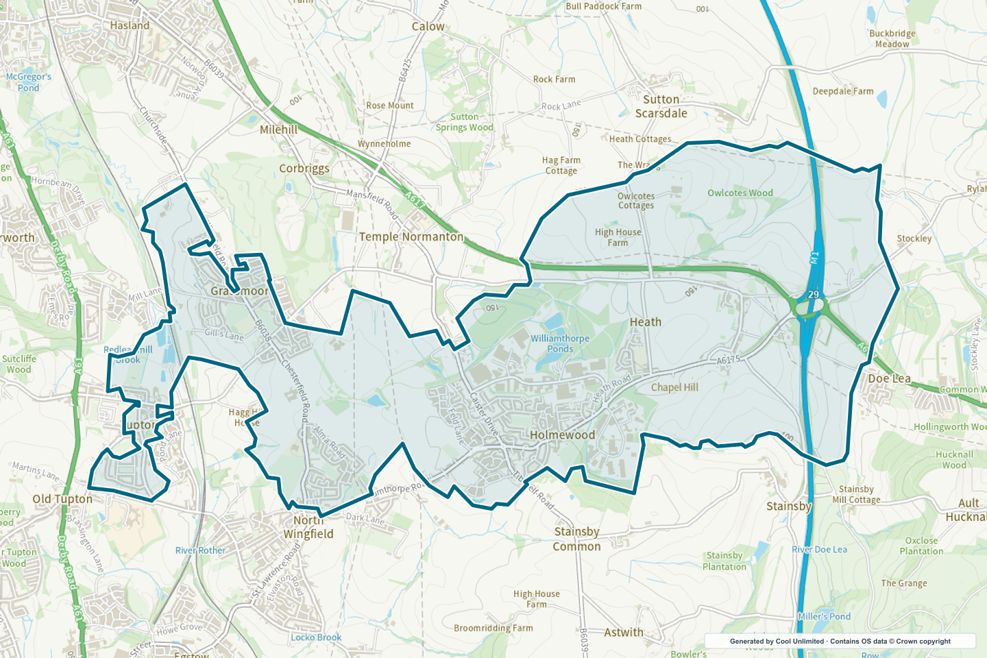 OS OpenData Outdoor map showing the approximate Grassmoor & Holmewood selection geography outlined in blue